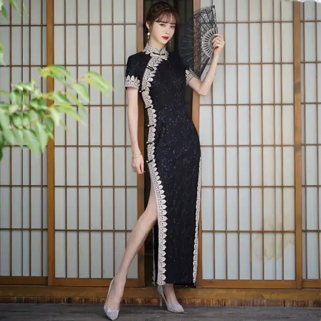黑色改良蕾丝长旗袍2023年新款中国风日常旗袍短袖礼仪走秀演出服图片
