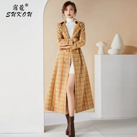 鹅黄色气质格子外套女2023春秋新款女中长款过膝修身显瘦呢子大衣图片