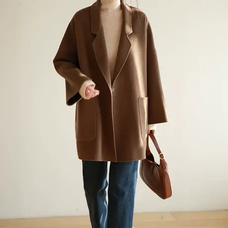 嘉茱莉2022年秋冬新款毛呢外套女小个子宽松羊毛双面呢大衣赫本风商品大图