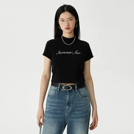 omont蛋挞家 半高领印花短袖T恤女夏季2023新款复古正肩短款上衣商品大图