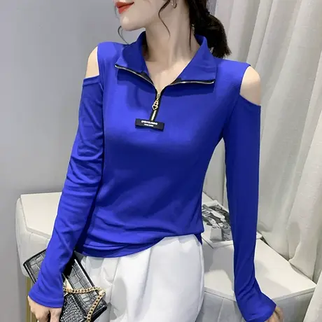 女装2023新款潮时尚拉链T恤女性感漏肩上衣百搭打底衫女长袖春秋商品大图