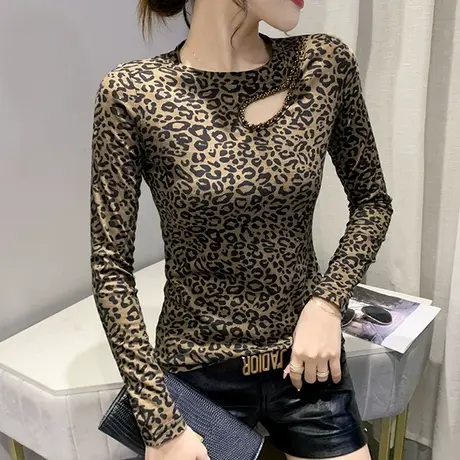 时尚豹纹上衣女长袖欧货别致气质性感镂空T恤漂亮洋气修身打底衫商品大图