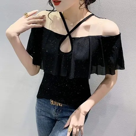 性感一字肩短袖上衣女欧货2023夏新款时尚网纱T恤荷叶边气质小衫图片