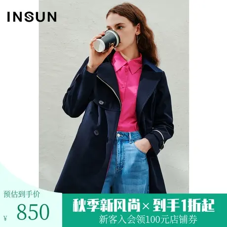 恩裳2023年春季经典时尚收腰一手长风衣藏蓝色双排扣女士高级外套图片