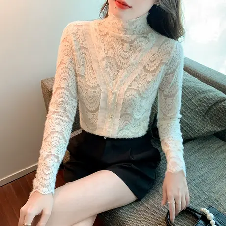 半高领气质蕾丝打底衫女秋冬性感镂空洋气小衫紧身百搭长袖上衣潮图片