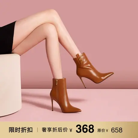 熙漫2023秋冬新款性感铆钉尖头短靴真皮简约日常百搭细跟气质女靴图片