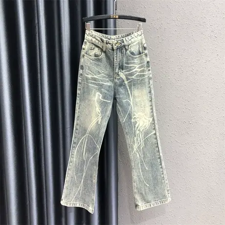 秋装新款2023重工涂鸦水洗牛仔裤女高腰显瘦美式辣妹微喇裤无弹裤商品大图