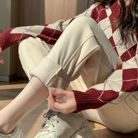 加绒运动裤女2023年秋冬新款高腰宽松显瘦加厚休闲百搭哈伦萝卜裤图片