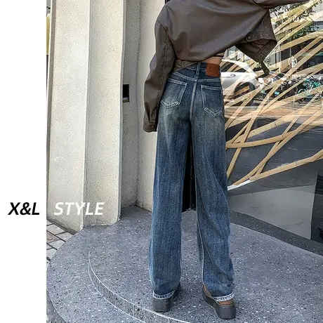 复古蓝窄版阔腿牛仔裤女秋2023新款早秋季设计感高腰显瘦直筒裤子图片
