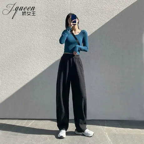 绿色卫裤女高腰显瘦潮流时尚秋季新款松紧腰运动裤宽松休闲长裤子商品大图