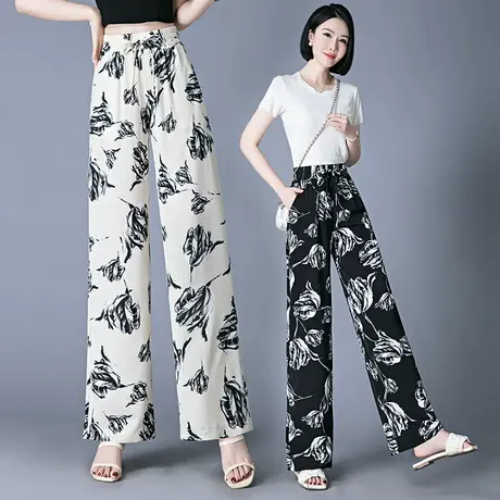 雪纺印花阔腿裤女夏季松紧高腰垂感冰丝休闲裤大码胖MM宽松妈妈裤图片