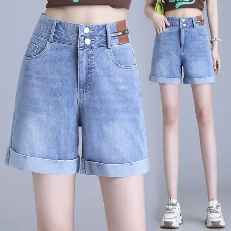 浅蓝牛仔短裤女夏薄款高腰宽松翻边阔腿裤2023新款双扣时尚热裤子商品大图