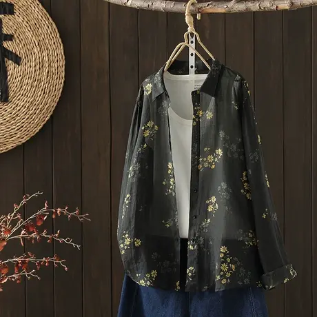 枫谜夏季新款苎麻印花复古文艺女士翻领衬衫宽松休闲百搭薄上衣商品大图