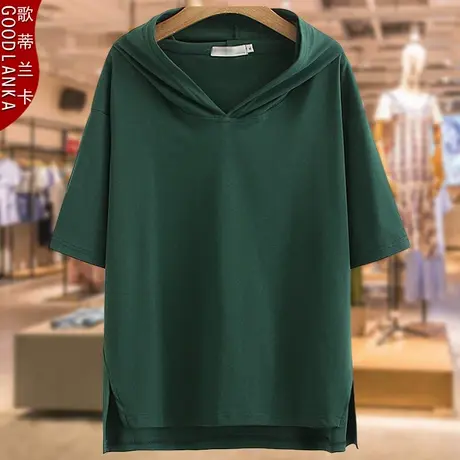 大码心机上衣女夏装新款宽松显瘦中年女士妈妈短袖纯棉连帽T恤衫图片