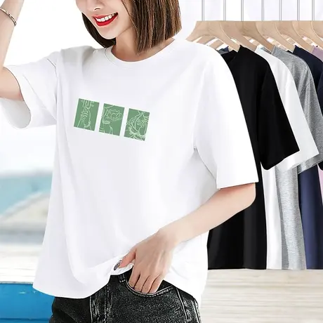 纯棉白色印花短袖2023新款宽松休闲夏装t恤女百搭显瘦简约基础款图片