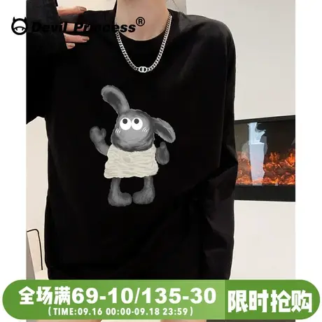 2023秋季新款黑色长袖t恤女宽松正肩街头风潮牌大版纯棉上衣ins潮图片