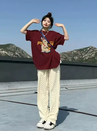 重磅纯棉酒红色短袖t恤女2023新款宽松美式复古原创小众设计上衣图片