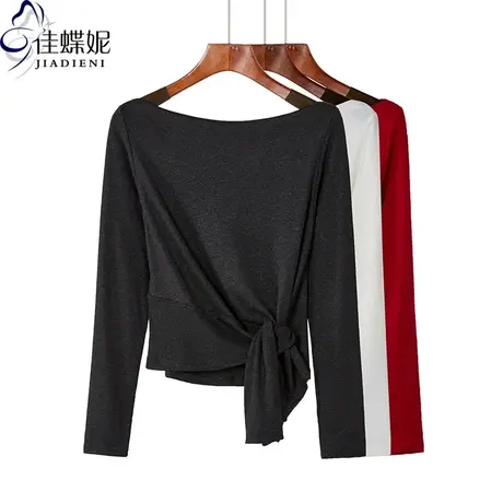 一字领春秋季女士t恤长袖韩版修身打底衫纯色显瘦纽结设计感上衣商品大图
