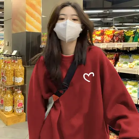 酒红色圆领卫衣女秋冬加绒加厚小众设计高级感大码宽松外套上衣潮图片