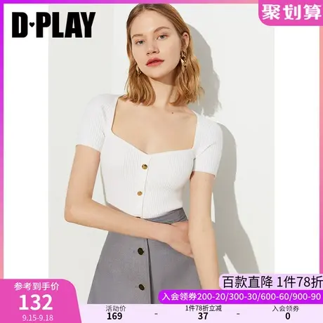 DPLAY夏新气质宫廷领重工金属扣时尚白弹力修身针织上衣商品大图