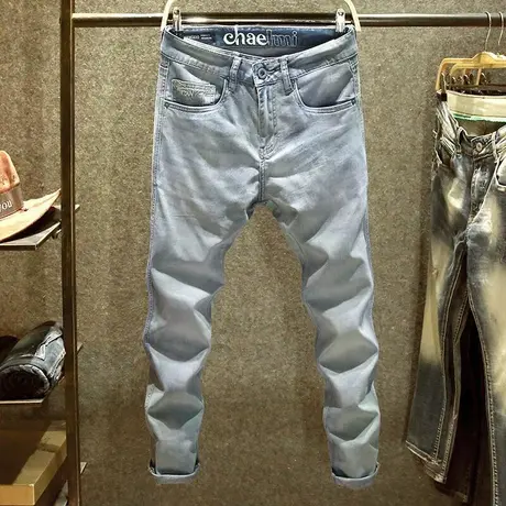 夏季薄款牛仔裤男潮牌弹力小脚男裤潮流韩版修身水洗浅蓝休闲裤子商品大图