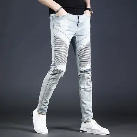 欧美机车牛仔裤男夏季新款修身小脚高端薄款休闲百搭高街帅气裤子商品大图
