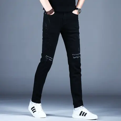 黑色破洞牛仔裤男款秋款裤子男潮流2023新款修身小脚休闲男裤弹力商品大图