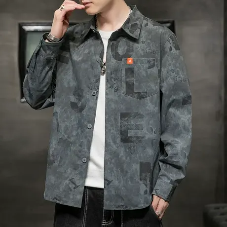 秋季男士潮牌长袖衬衫春秋款痞帅翻领外套2023新款秋天排扣上衣服商品大图