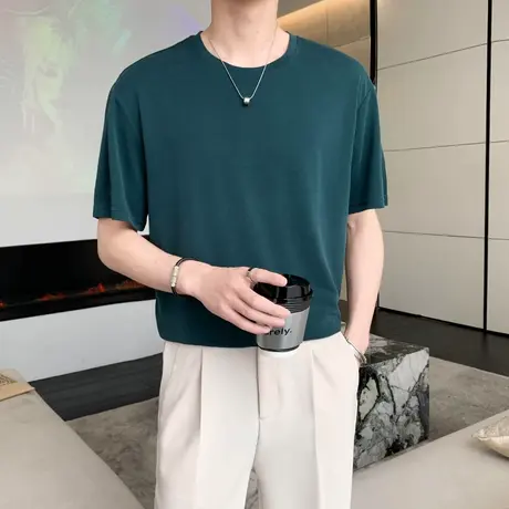 基础款简约百搭T恤男短袖春夏休闲净色圆领半袖宽松铜氨丝垂感TEE商品大图