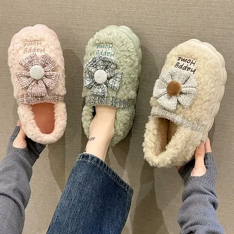 毛绒棉拖鞋女冬季新款厚底外穿可爱花朵室内居家月子保暖包跟棉鞋图片