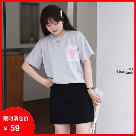 大码女装2023年夏季新款显瘦胖MM套头上衣女灰色针织短袖休闲T恤商品大图