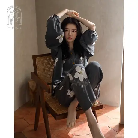 妮狄娅睡衣女春秋纯棉长袖v领开衫花卉优雅可外穿春秋家居服套装图片