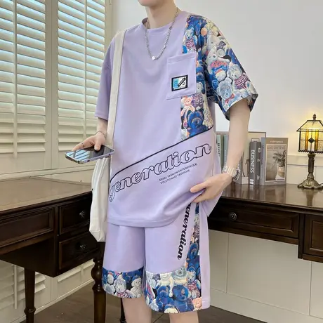 2023夏季新款男士休闲国朝套装圆领短袖t恤青少年初中学生两件套商品大图