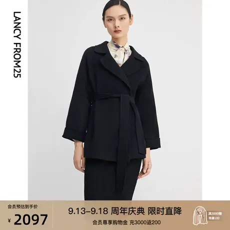 朗姿女装冬季新款羊毛大衣短款系带西装领黑色毛呢外套商场同款商品大图