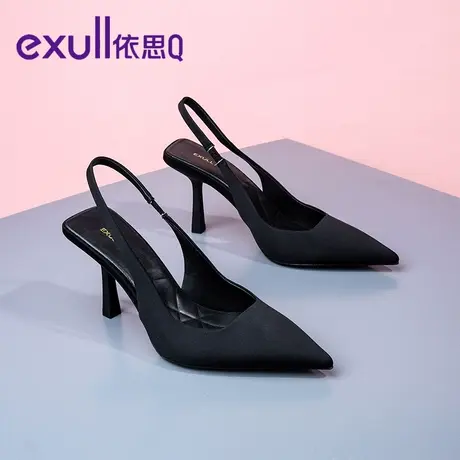依思q尖头高跟鞋2023新款鞋子女夏黑色细跟凉鞋女后绊带女鞋浅口图片