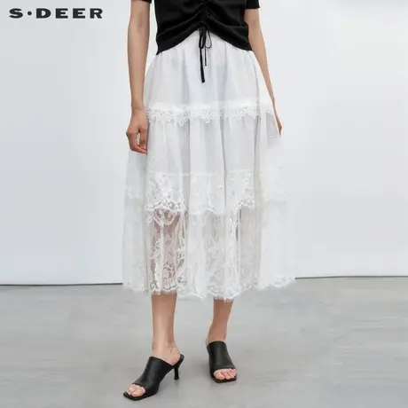 sdeer圣迪奥女装夏装松紧蕾丝拼接不规则白色长裙半身裙S21261126👽图片