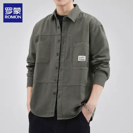 罗蒙衬衣外套男潮流时尚春秋新款休闲工装衬衣纯色翻领开衫夹克男图片