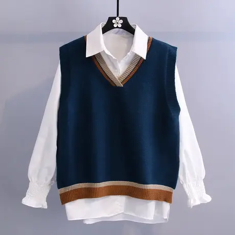 2023秋冬新款女装学院风宽松毛衣背心韩版时尚日系针织马甲两件套商品大图