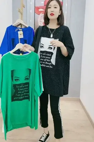2023新款短袖T恤宽松大码女装胖mm显瘦遮屁股印花韩版亮闪闪上衣商品大图