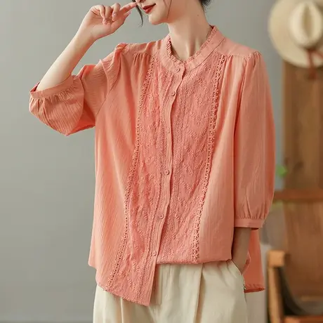 dza 复古钩花刺绣女士衬衫2023夏季纯棉立领衬衣气质漂亮开衫上衣图片