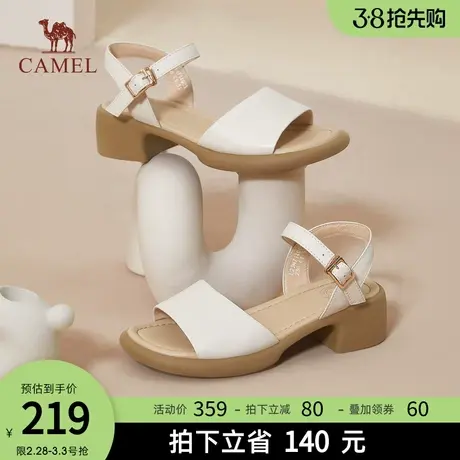 骆驼女鞋2024春夏新款妈妈凉鞋女真皮舒适百搭粗跟一字带凉鞋女图片