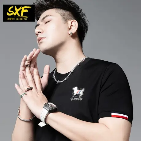 SXF圣希梵短袖t恤男2023新款冰丝棉烫钻刺绣潮牌上衣修身男士体恤商品大图