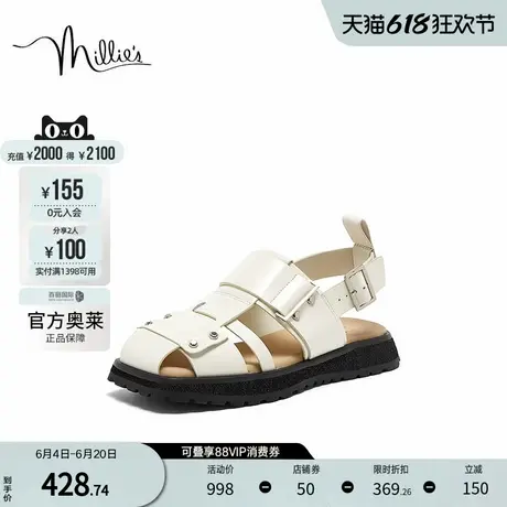 millie's妙丽官方奥莱2024时尚复古金属扣罗马猪笼凉拖鞋A2321BL4图片
