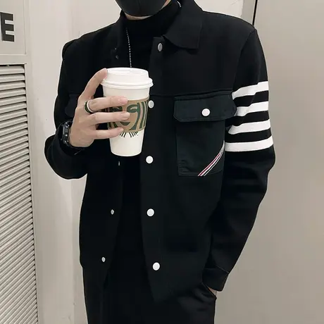 高级感毛衣开衫毛衣夹克秋冬爆款小众条纹拼接潮牌休闲针织衫外套商品大图