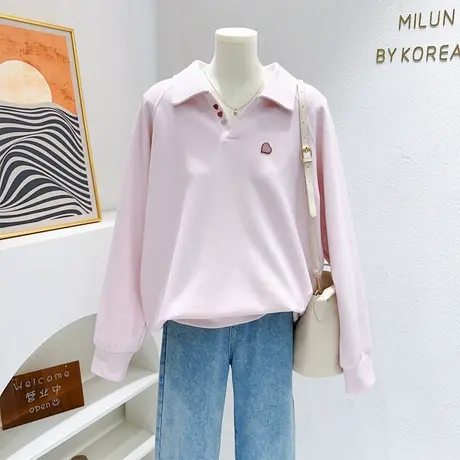 韩系温柔上衣~2023早秋季新款微胖遮肉ins爱心polo领长袖卫衣商品大图