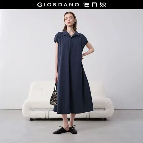 设计师款佐丹奴裙子女夏新款纯棉慵懒风翻领小飞袖连衣裙18465522图片