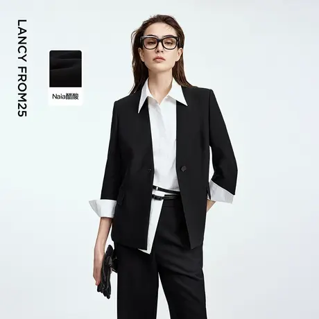朗姿醋酸七分袖黑色无领西装外套高级感通勤西服2025年秋季新款女图片