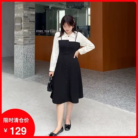 202早秋季新款气质拼接撞色假两件显瘦胖MM大码连衣裙过膝中长款商品大图