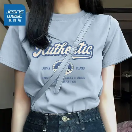 KHV真维斯正肩t恤女短袖夏季2025新款美式印花宽松显瘦纯棉半袖商品大图
