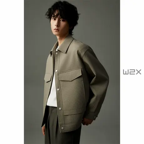 w2x春秋款肌理条纹拼接夹克男高级感痞帅秋装上衣设计感休闲外套商品大图